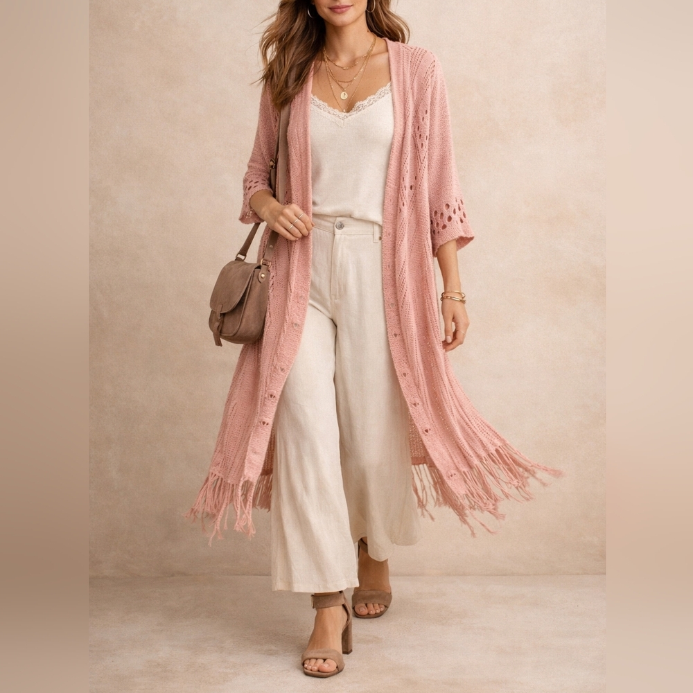 NWT Umgee Long Duster Cardigan – Size Small Light Pink | Fringe Hem | Boho Chic